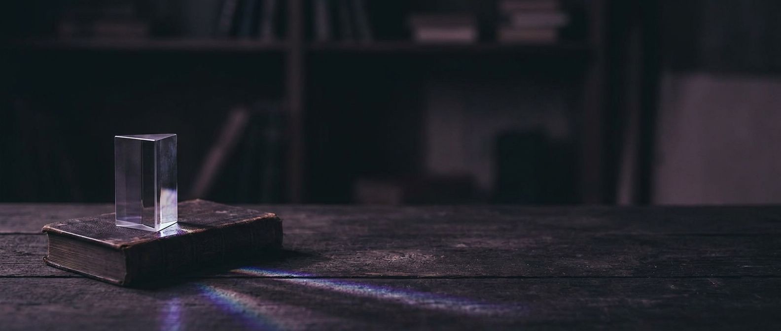 A glass prism on a book splitting light into a violet spectrum