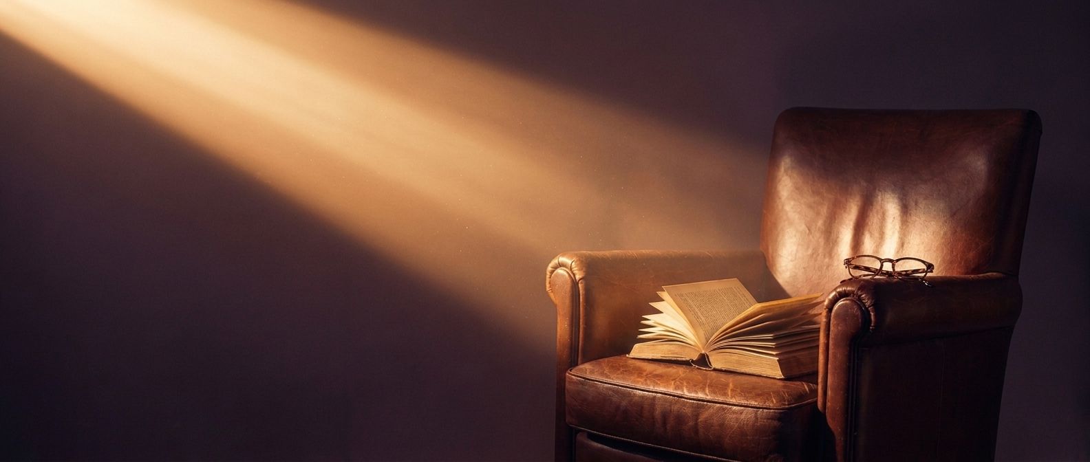 An empty reading armchair by a tall window in late golden light