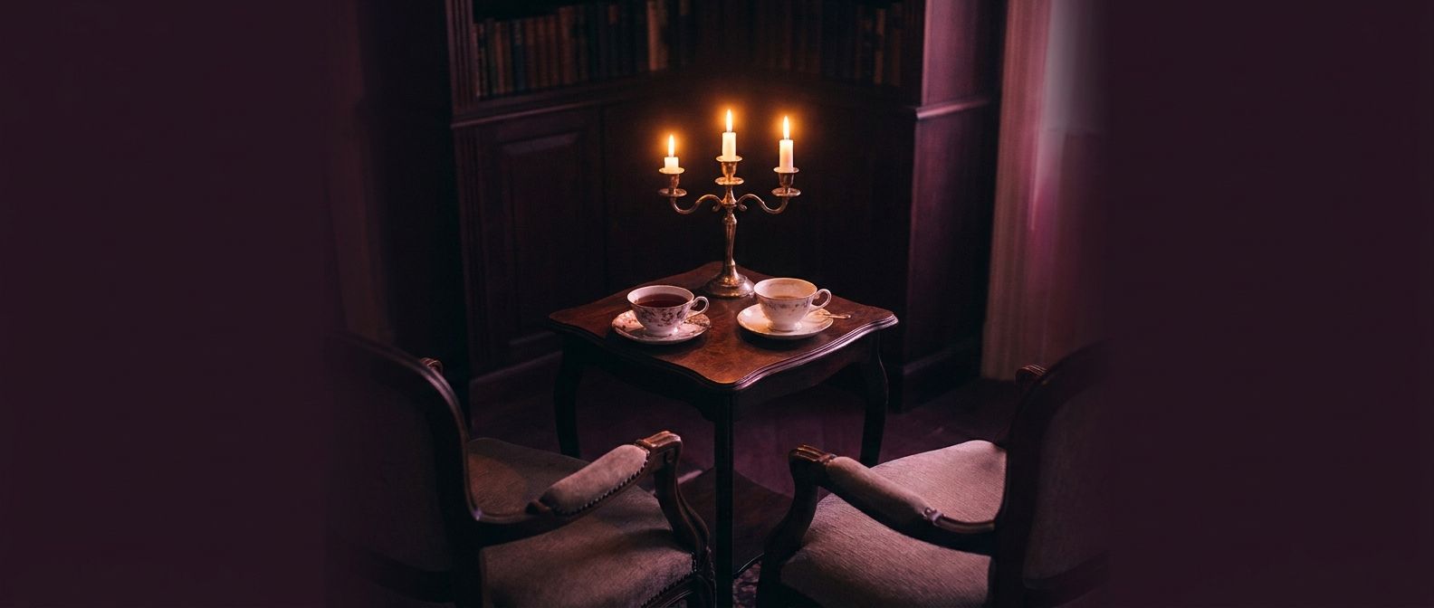 Two teacups on a small table by candlelight