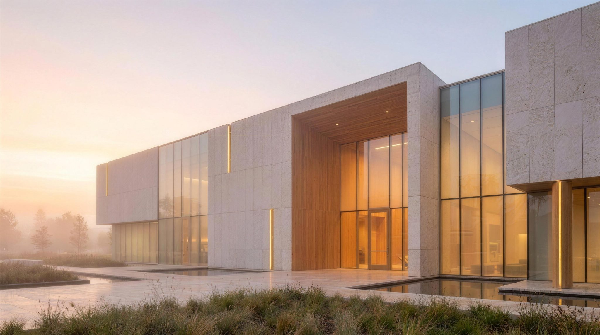 The Velvet-Aura Publishing house, a serene modern library building at dawn