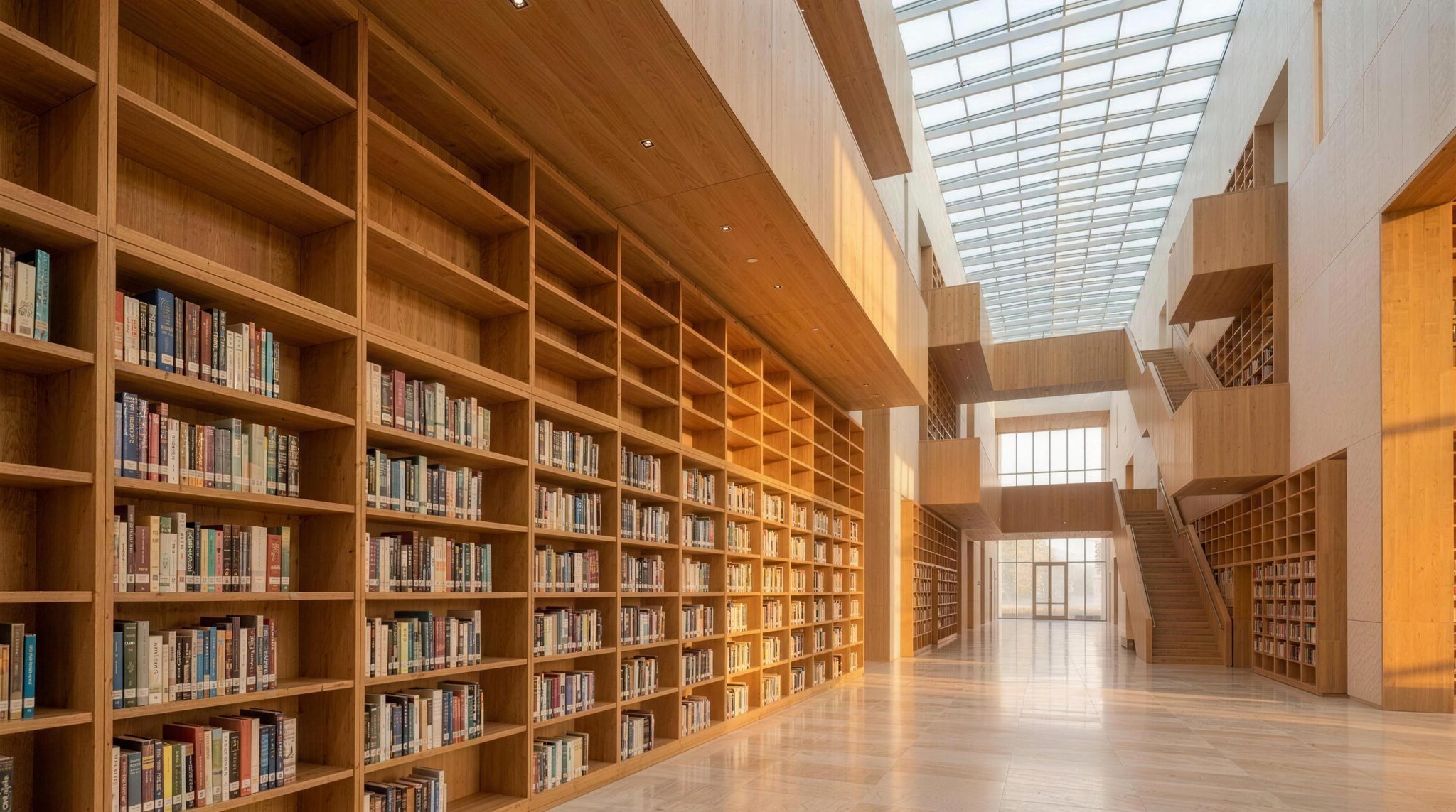 Tall wooden bookshelves inside the library